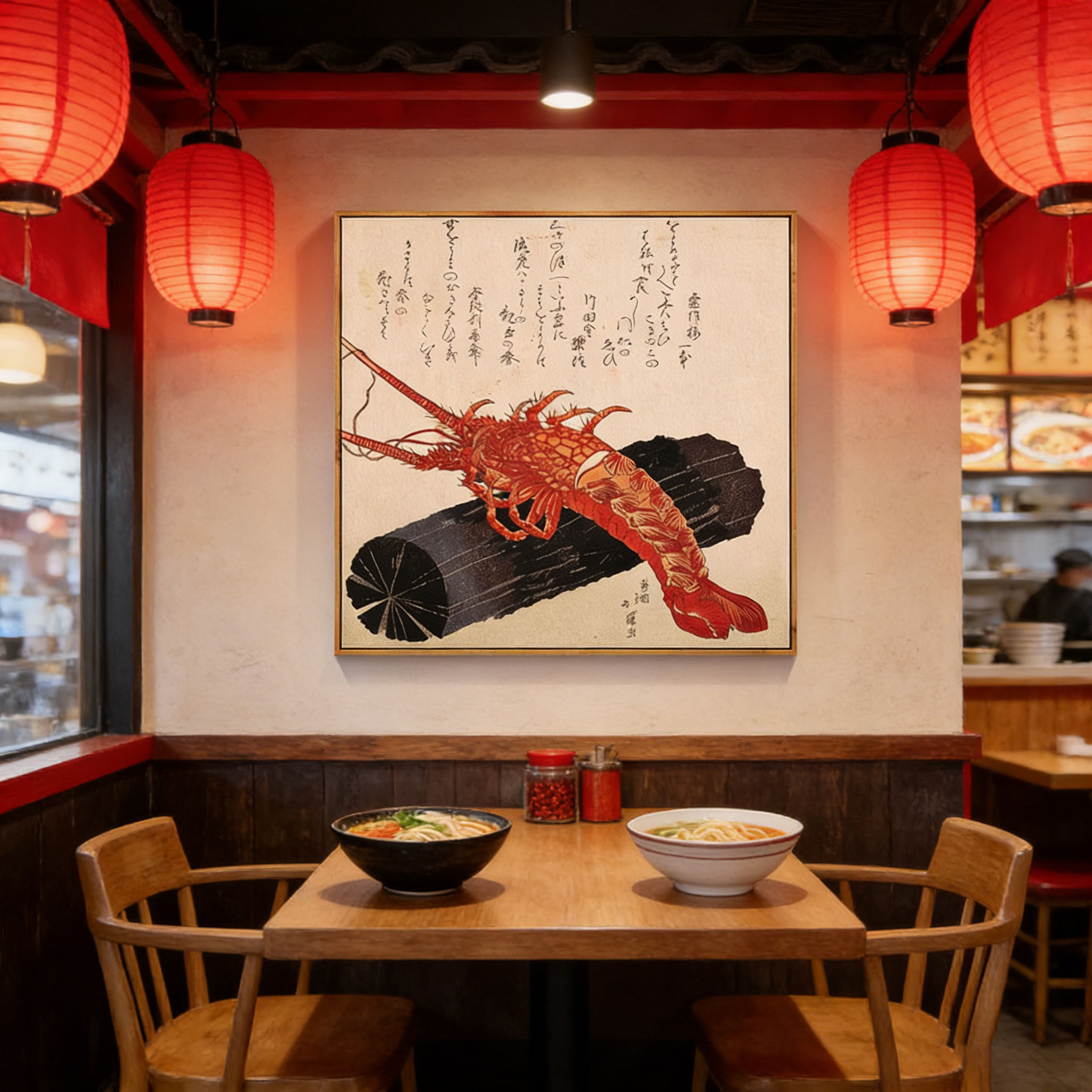 Japanese Restaurant Lifestyle - Japanischer Ukiyo-e-Stil Hummer Leinwandposter Traditioneller Meeresfrüchte-Holzschnitt-Druck